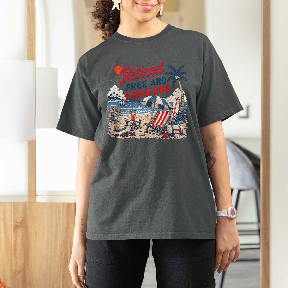 Retirement Gifts For Her T Shirt For Women Retro Retired Free And Fabulous Beach Summer Vacation Vintage