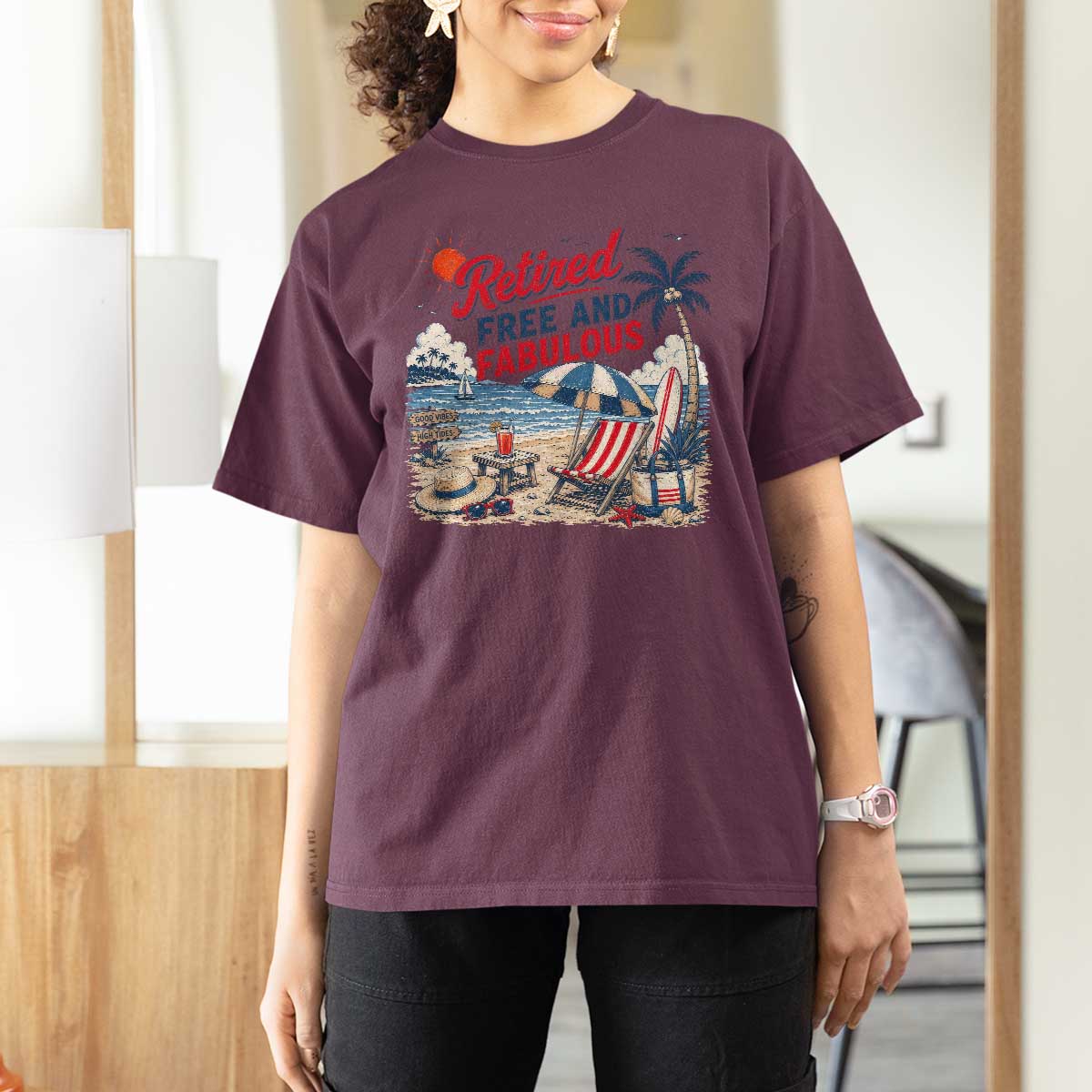 Retirement Gifts For Her T Shirt For Women Retro Retired Free And Fabulous Beach Summer Vacation Vintage
