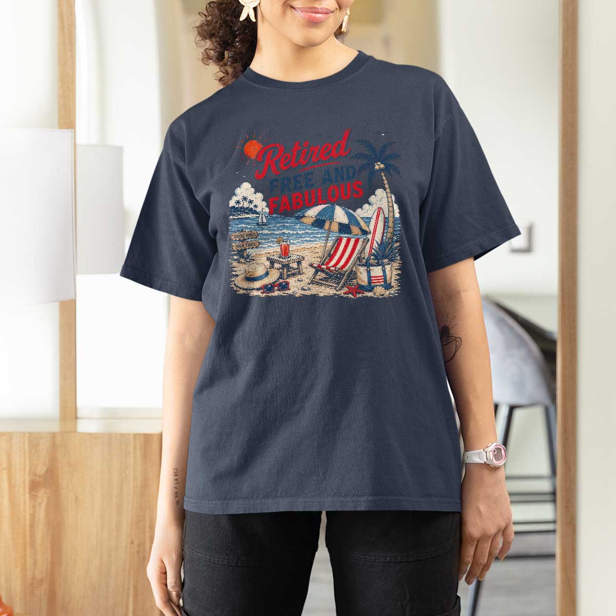 Retirement Gifts For Her T Shirt For Women Retro Retired Free And Fabulous Beach Summer Vacation Vintage