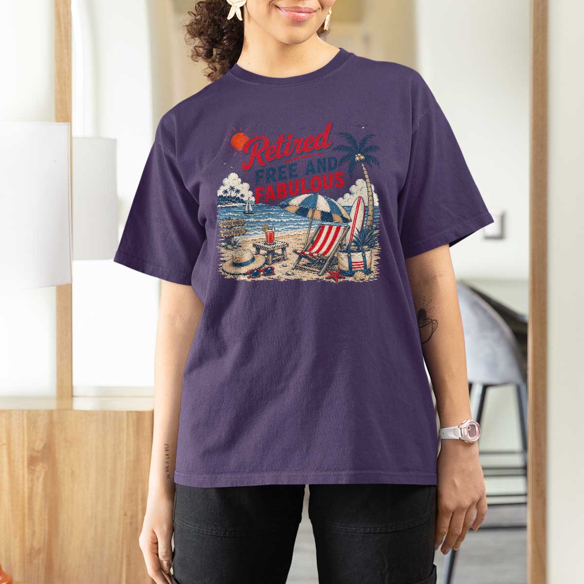Retirement Gifts For Her T Shirt For Women Retro Retired Free And Fabulous Beach Summer Vacation Vintage