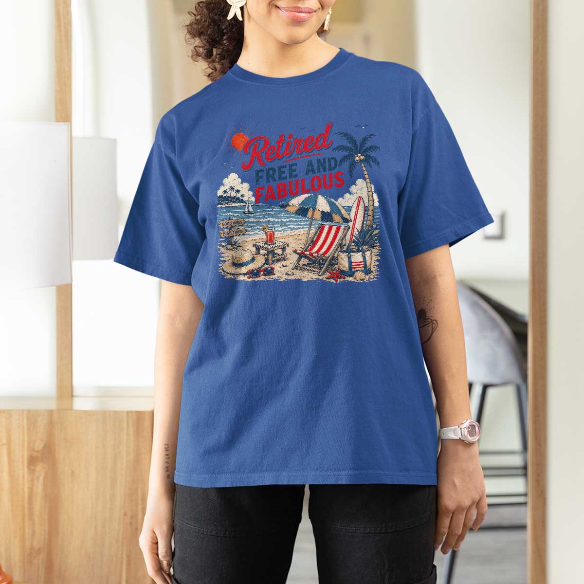 Retirement Gifts For Her T Shirt For Women Retro Retired Free And Fabulous Beach Summer Vacation Vintage
