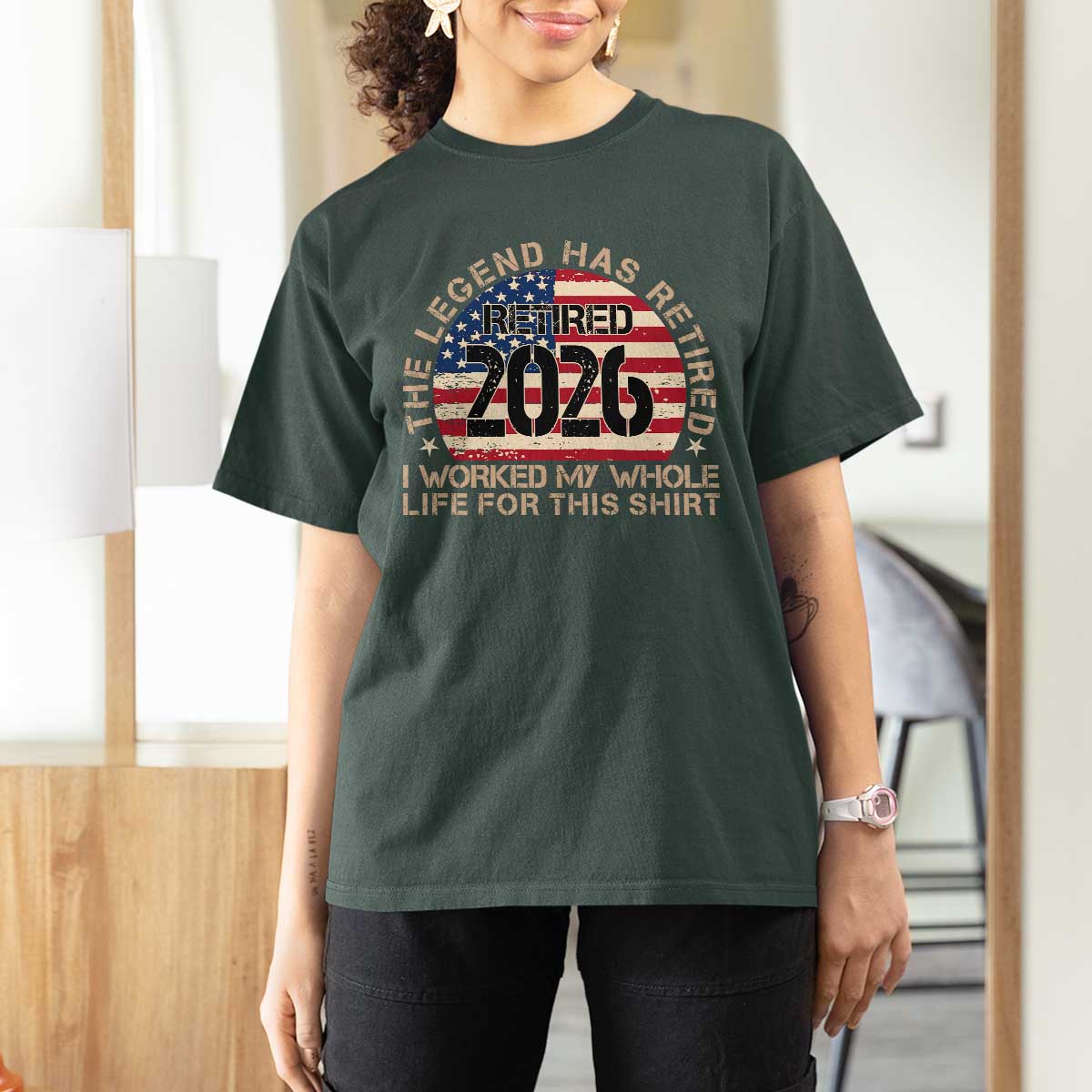 The Legend Has Retired 2026 T Shirt For Women American Flag Coworker Retirement Gifts I Worked My Whole Life For This
