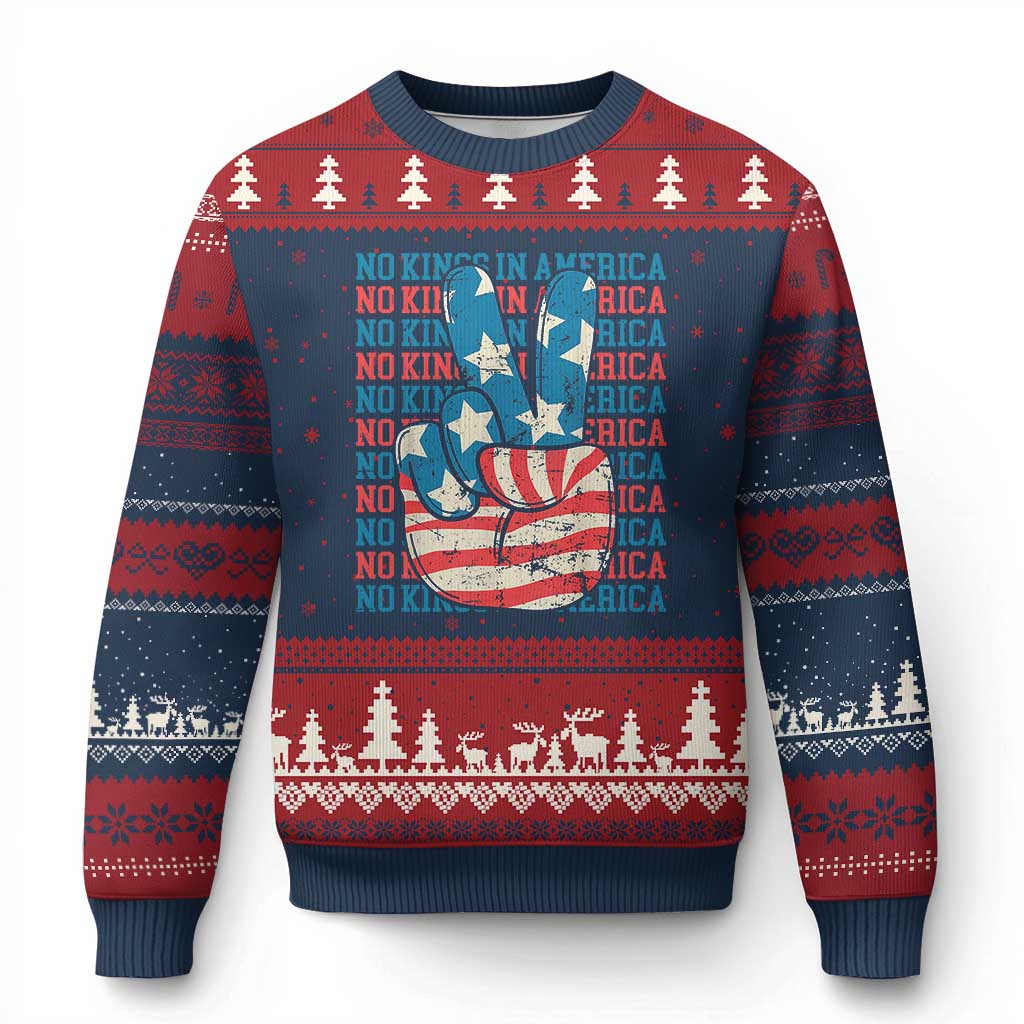 No Kings In America Ugly Christmas Sweater USA Flag Peace Sign Hand 4th of July Patriotic - Wonder Print Shop