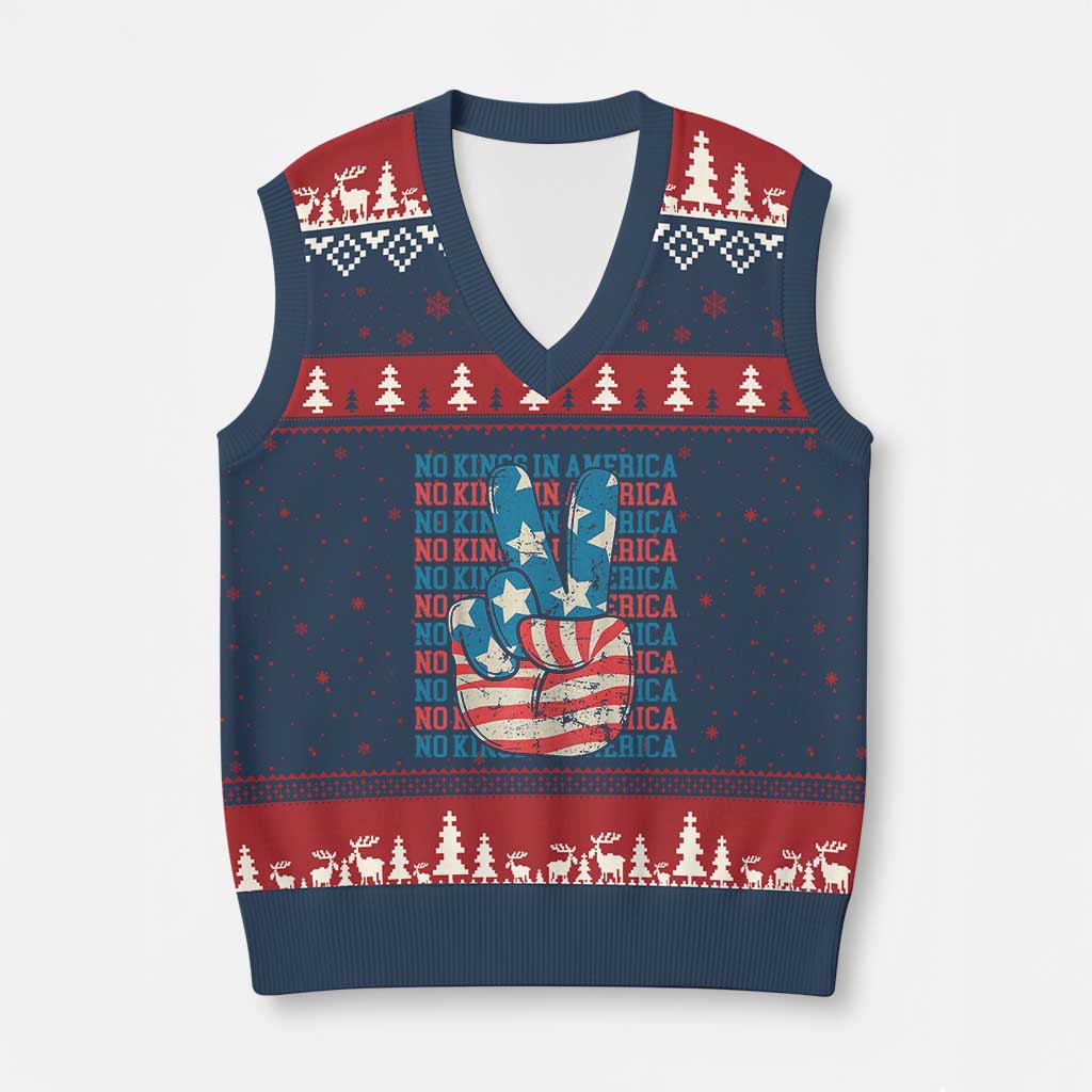 No Kings In America V-Neck Knit Sweater Vest USA Flag Peace Sign Hand 4th of July Patriotic - Wonder Print Shop