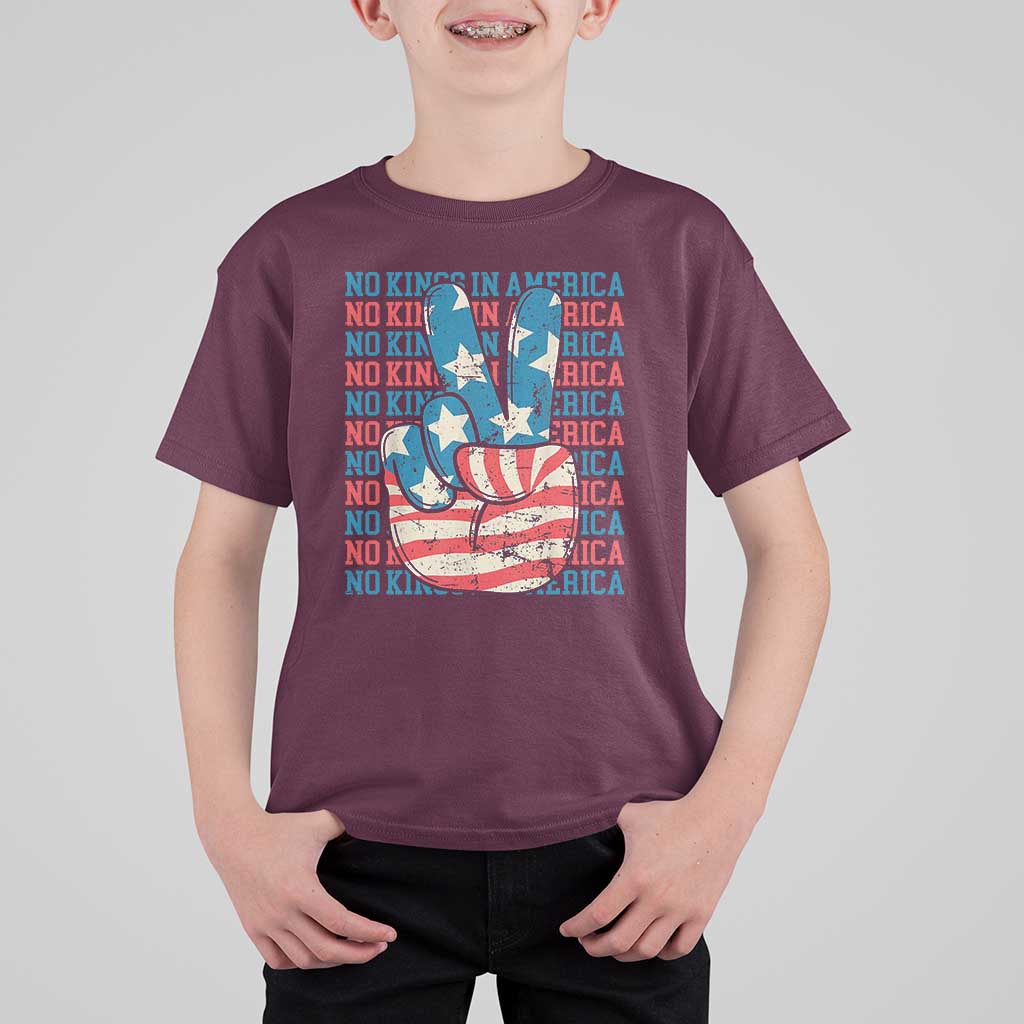 No Kings In America T Shirt For Kid USA Flag Peace Sign Hand 4th of July Patriotic - Wonder Print Shop
