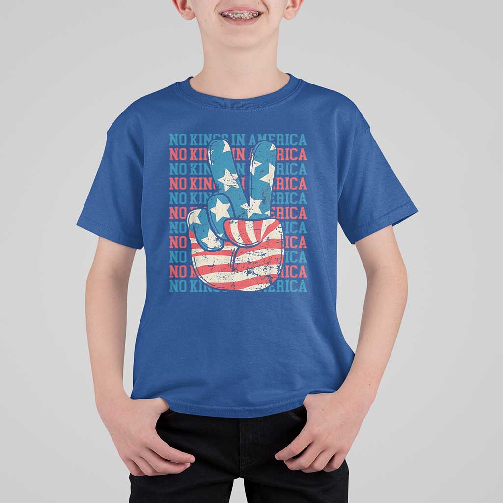 No Kings In America T Shirt For Kid USA Flag Peace Sign Hand 4th of July Patriotic - Wonder Print Shop