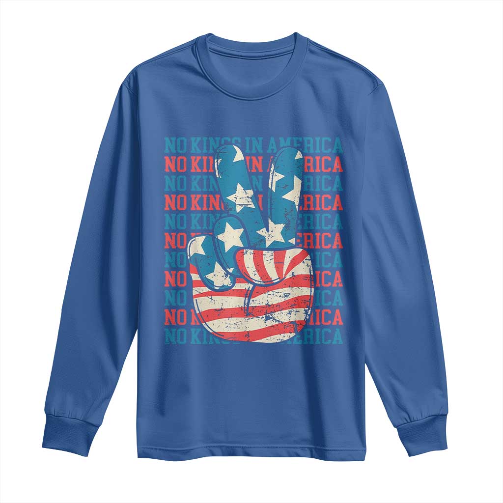 No Kings In America Long Sleeve Shirt USA Flag Peace Sign Hand 4th of July Patriotic - Wonder Print Shop
