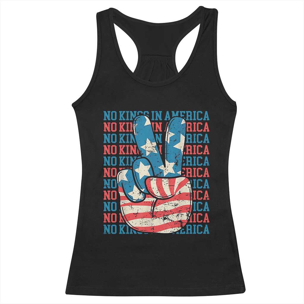 No Kings In America Racerback Tank Top USA Flag Peace Sign Hand 4th of July Patriotic - Wonder Print Shop