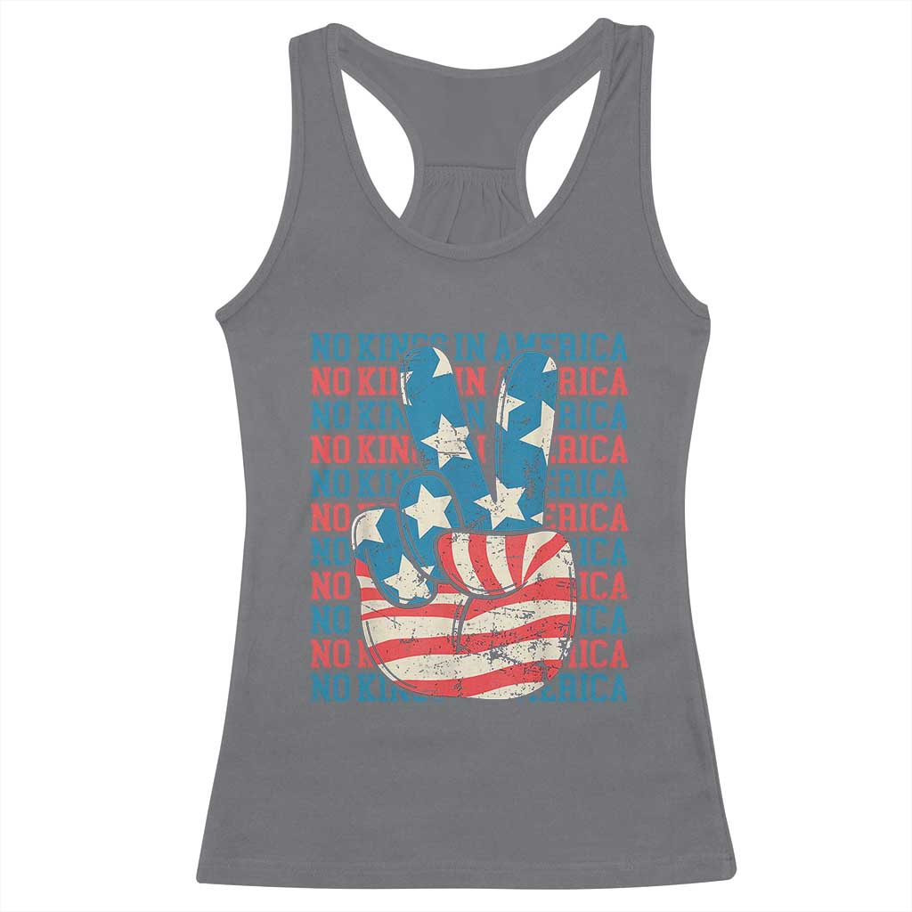 No Kings In America Racerback Tank Top USA Flag Peace Sign Hand 4th of July Patriotic - Wonder Print Shop