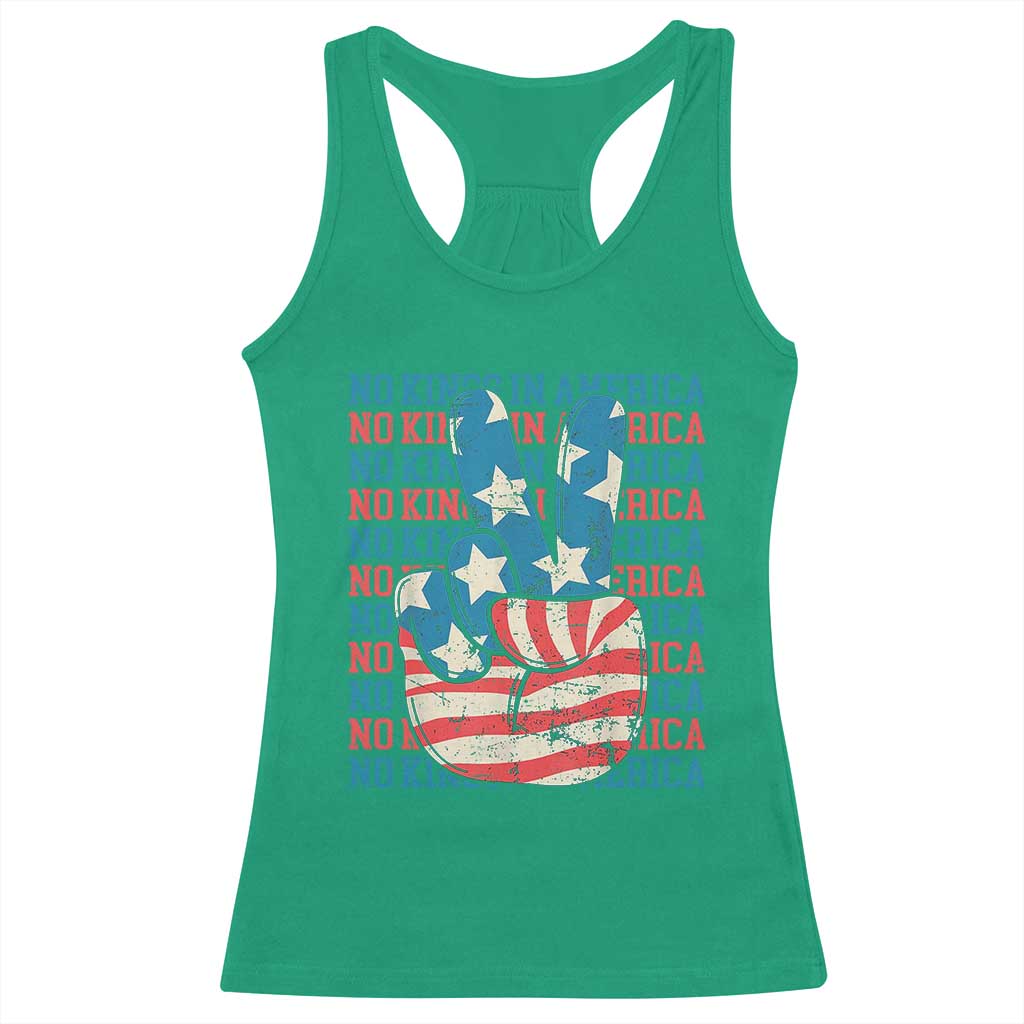 No Kings In America Racerback Tank Top USA Flag Peace Sign Hand 4th of July Patriotic - Wonder Print Shop