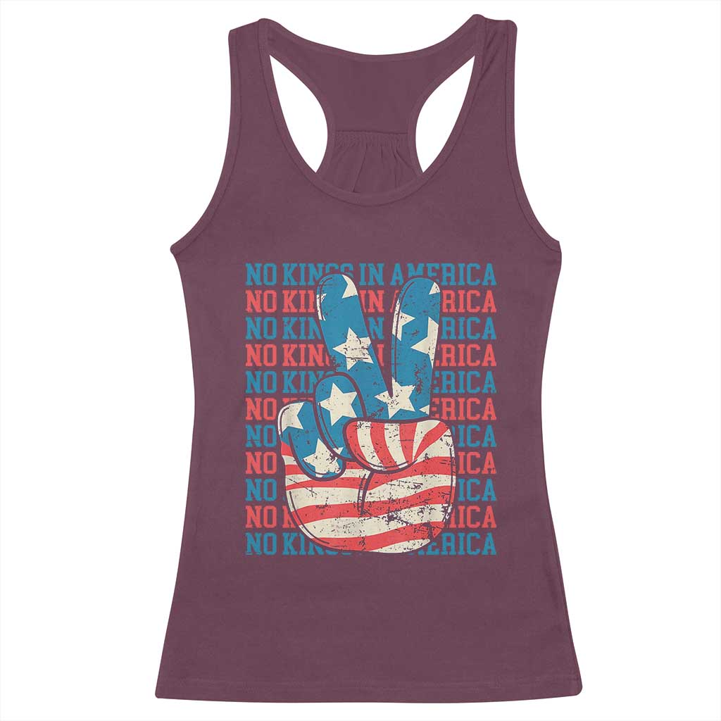 No Kings In America Racerback Tank Top USA Flag Peace Sign Hand 4th of July Patriotic - Wonder Print Shop