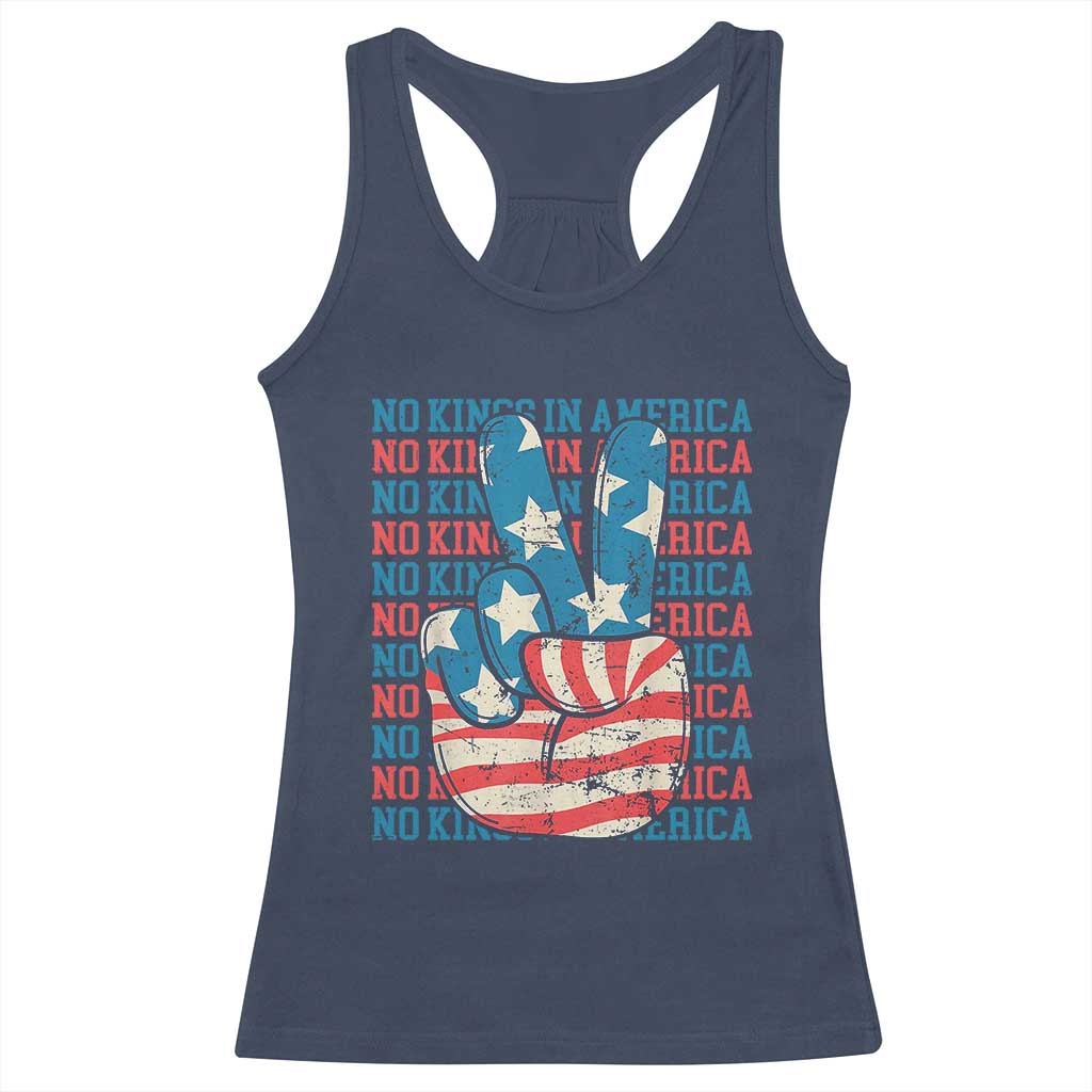 No Kings In America Racerback Tank Top USA Flag Peace Sign Hand 4th of July Patriotic - Wonder Print Shop