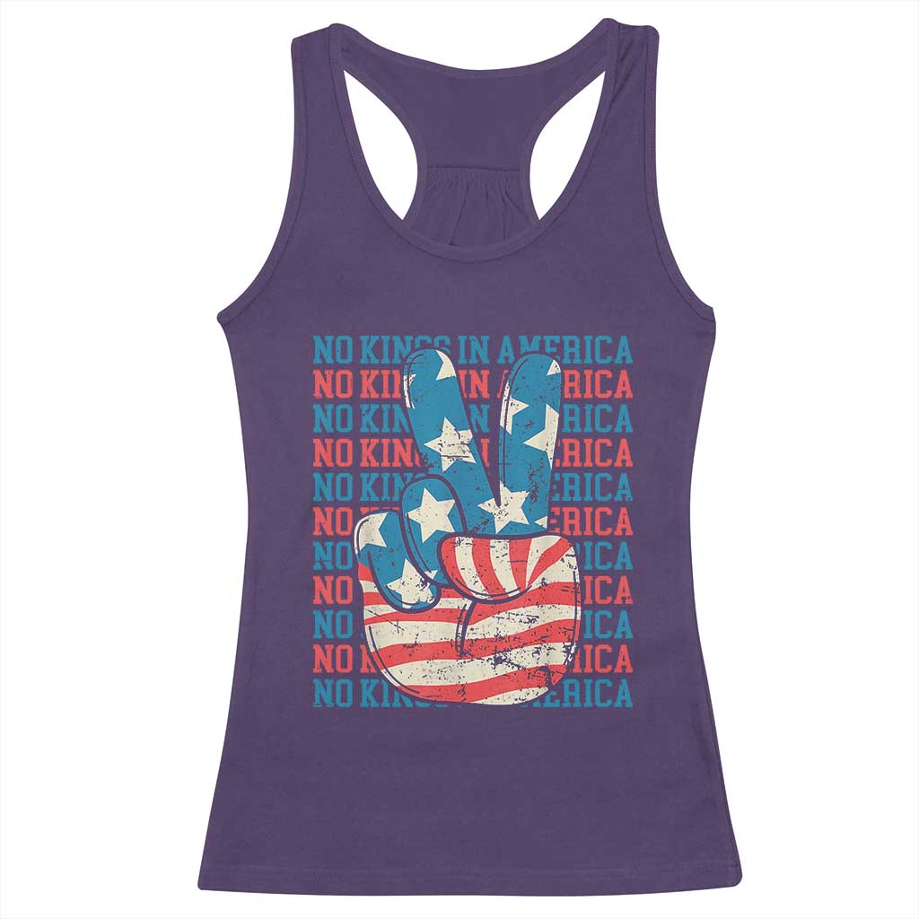 No Kings In America Racerback Tank Top USA Flag Peace Sign Hand 4th of July Patriotic - Wonder Print Shop