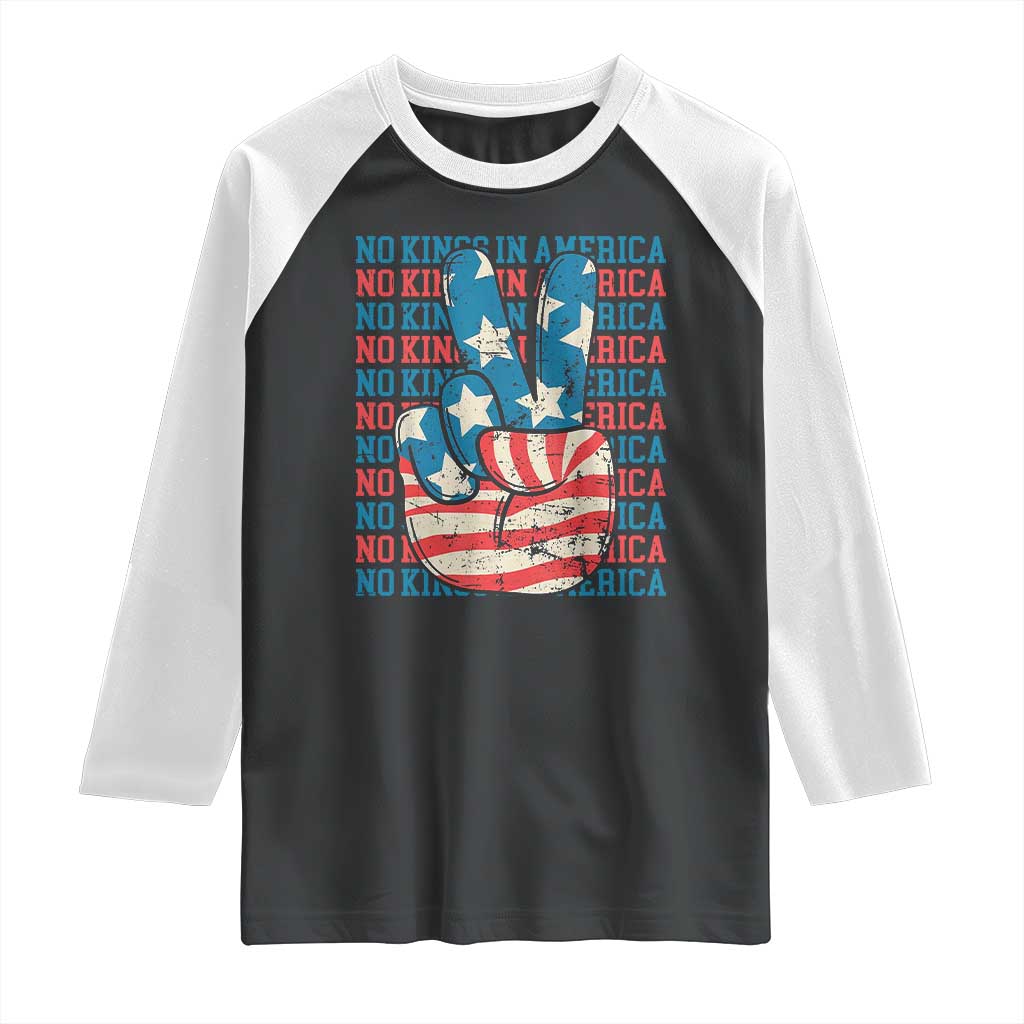 No Kings In America Raglan Shirt USA Flag Peace Sign Hand 4th of July Patriotic - Wonder Print Shop