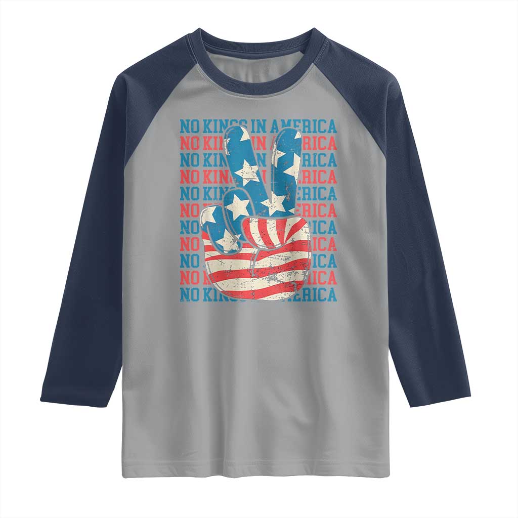 No Kings In America Raglan Shirt USA Flag Peace Sign Hand 4th of July Patriotic - Wonder Print Shop