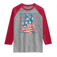 No Kings In America Raglan Shirt USA Flag Peace Sign Hand 4th of July Patriotic - Wonder Print Shop