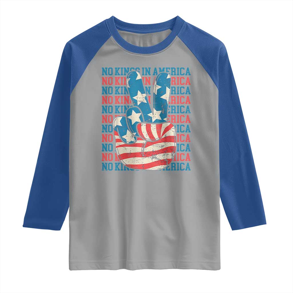No Kings In America Raglan Shirt USA Flag Peace Sign Hand 4th of July Patriotic - Wonder Print Shop