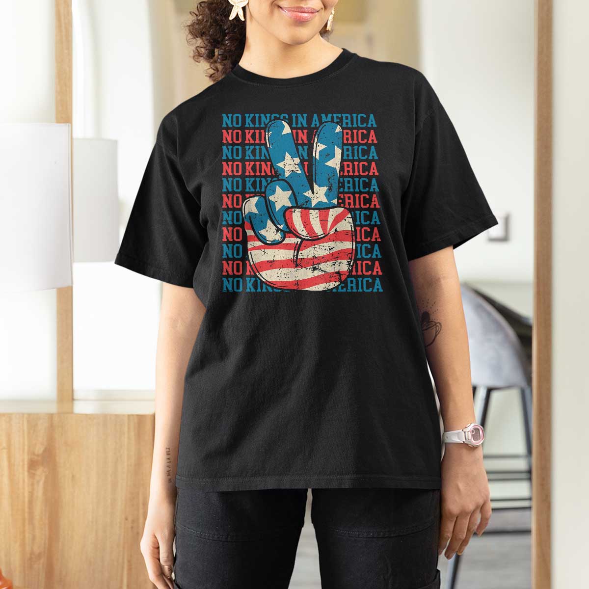 No Kings In America T Shirt For Women USA Flag Peace Sign Hand 4th of July Patriotic - Wonder Print Shop
