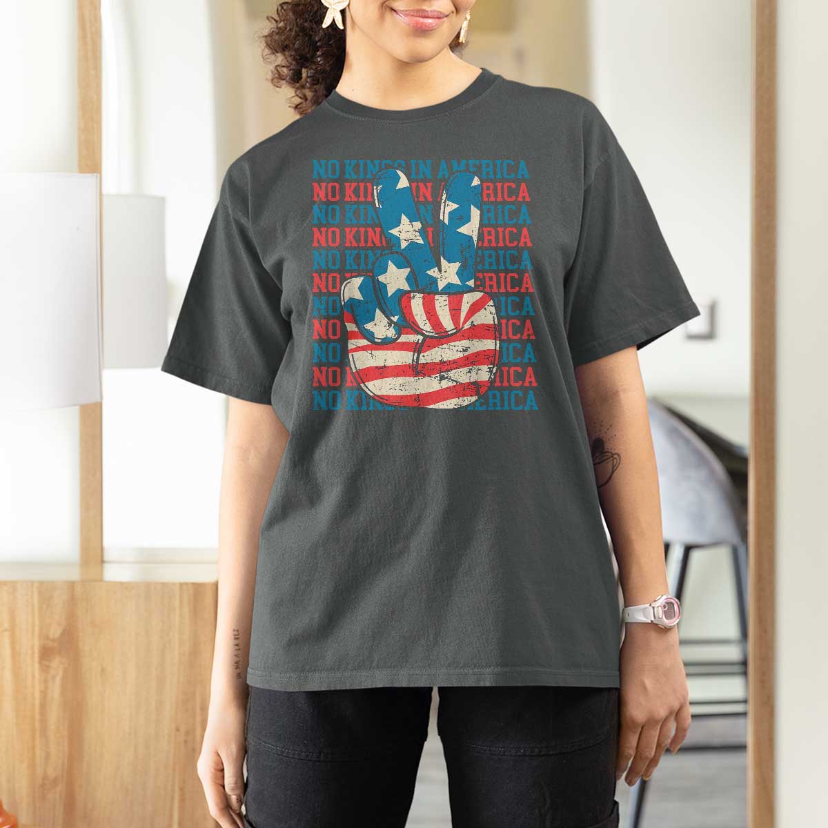 No Kings In America T Shirt For Women USA Flag Peace Sign Hand 4th of July Patriotic - Wonder Print Shop