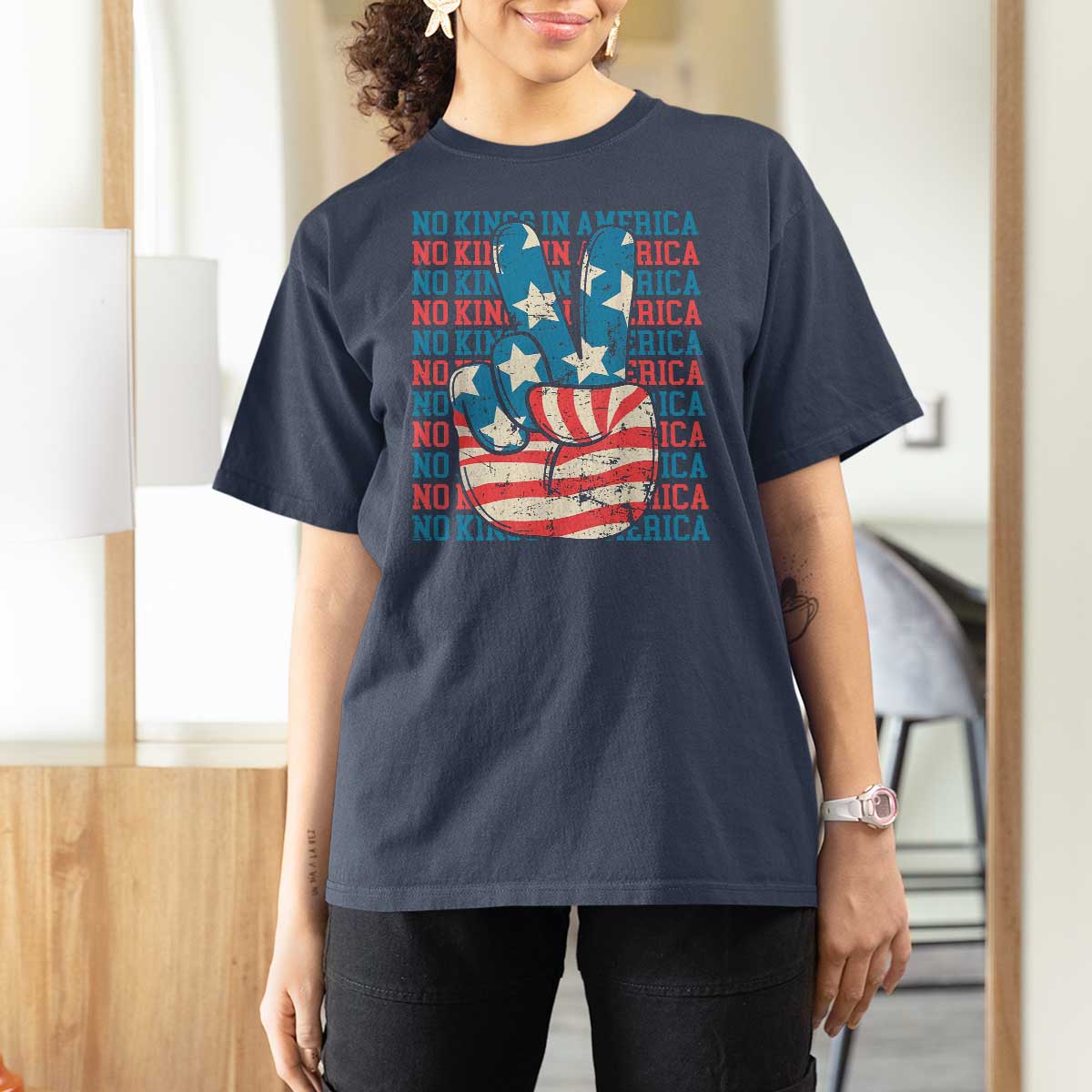 No Kings In America T Shirt For Women USA Flag Peace Sign Hand 4th of July Patriotic - Wonder Print Shop