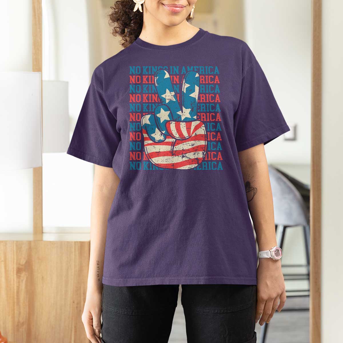 No Kings In America T Shirt For Women USA Flag Peace Sign Hand 4th of July Patriotic - Wonder Print Shop