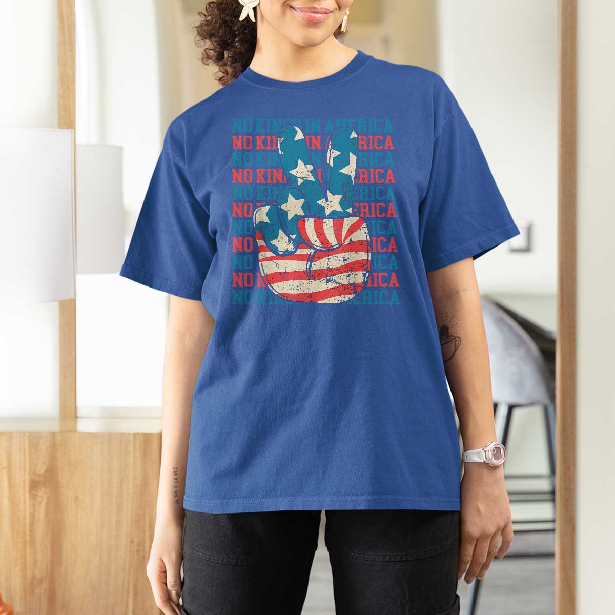 No Kings In America T Shirt For Women USA Flag Peace Sign Hand 4th of July Patriotic - Wonder Print Shop