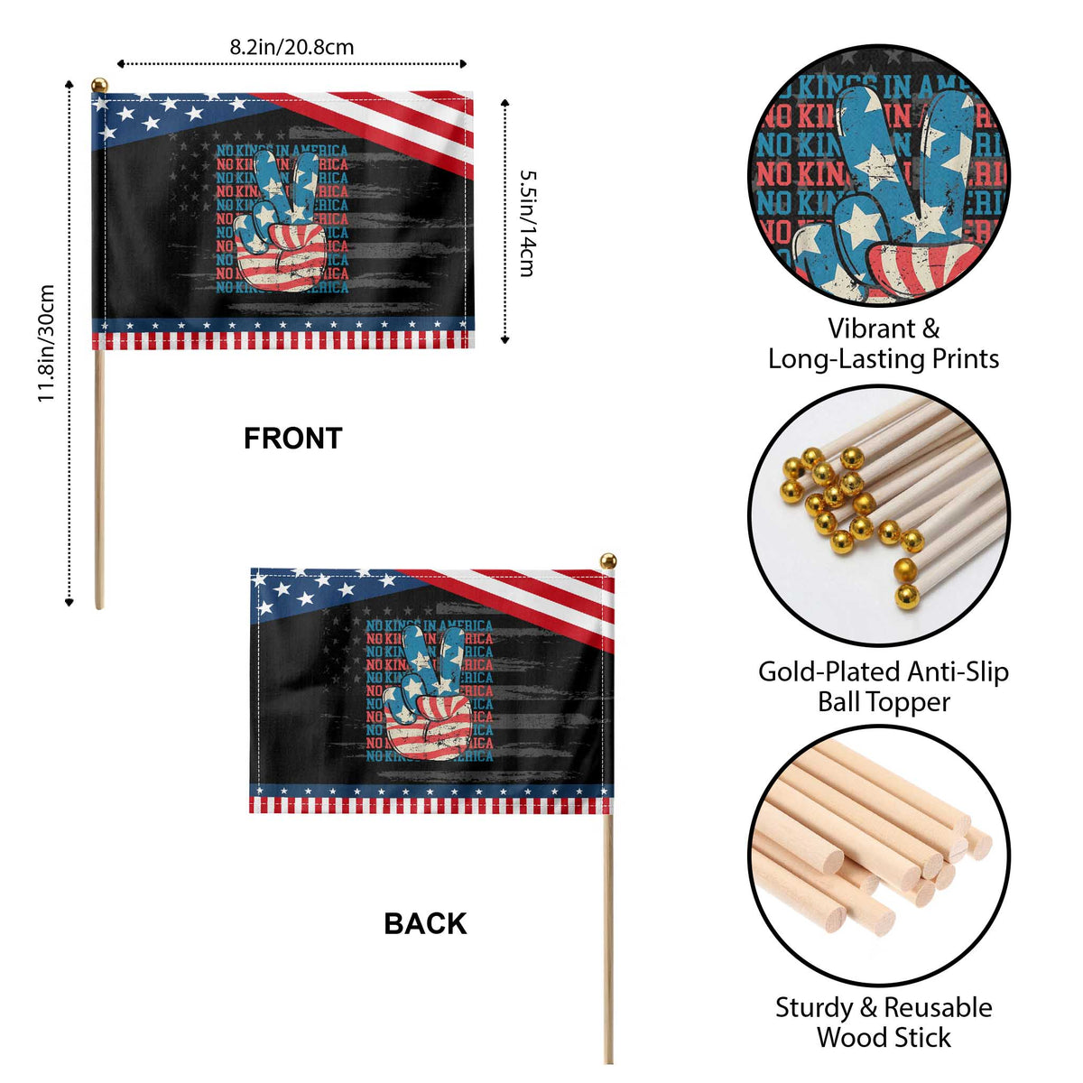 No Kings In America Patriotic Handheld Flag USA Flag Peace Sign Hand 4th of July
