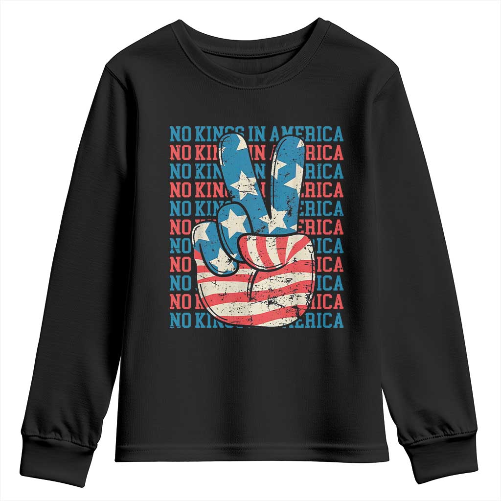 No Kings In America Youth Sweatshirt USA Flag Peace Sign Hand 4th of July Patriotic - Wonder Print Shop