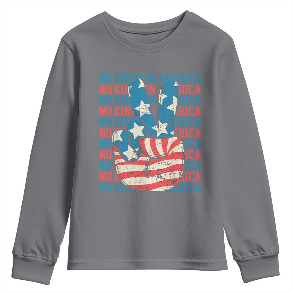 No Kings In America Youth Sweatshirt USA Flag Peace Sign Hand 4th of July Patriotic - Wonder Print Shop