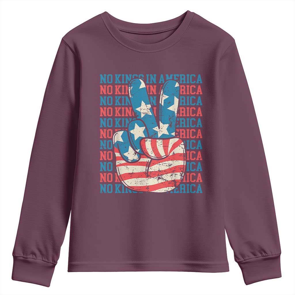 No Kings In America Youth Sweatshirt USA Flag Peace Sign Hand 4th of July Patriotic - Wonder Print Shop