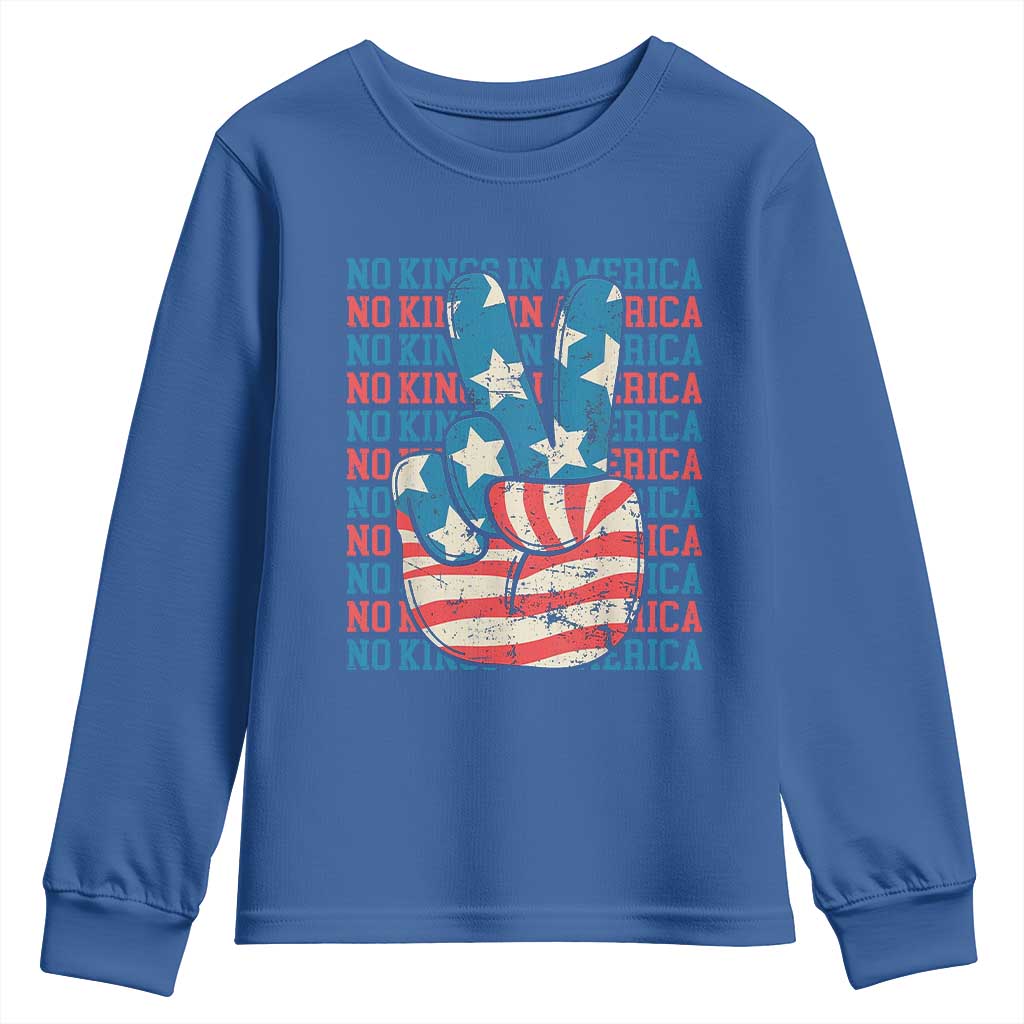 No Kings In America Youth Sweatshirt USA Flag Peace Sign Hand 4th of July Patriotic - Wonder Print Shop