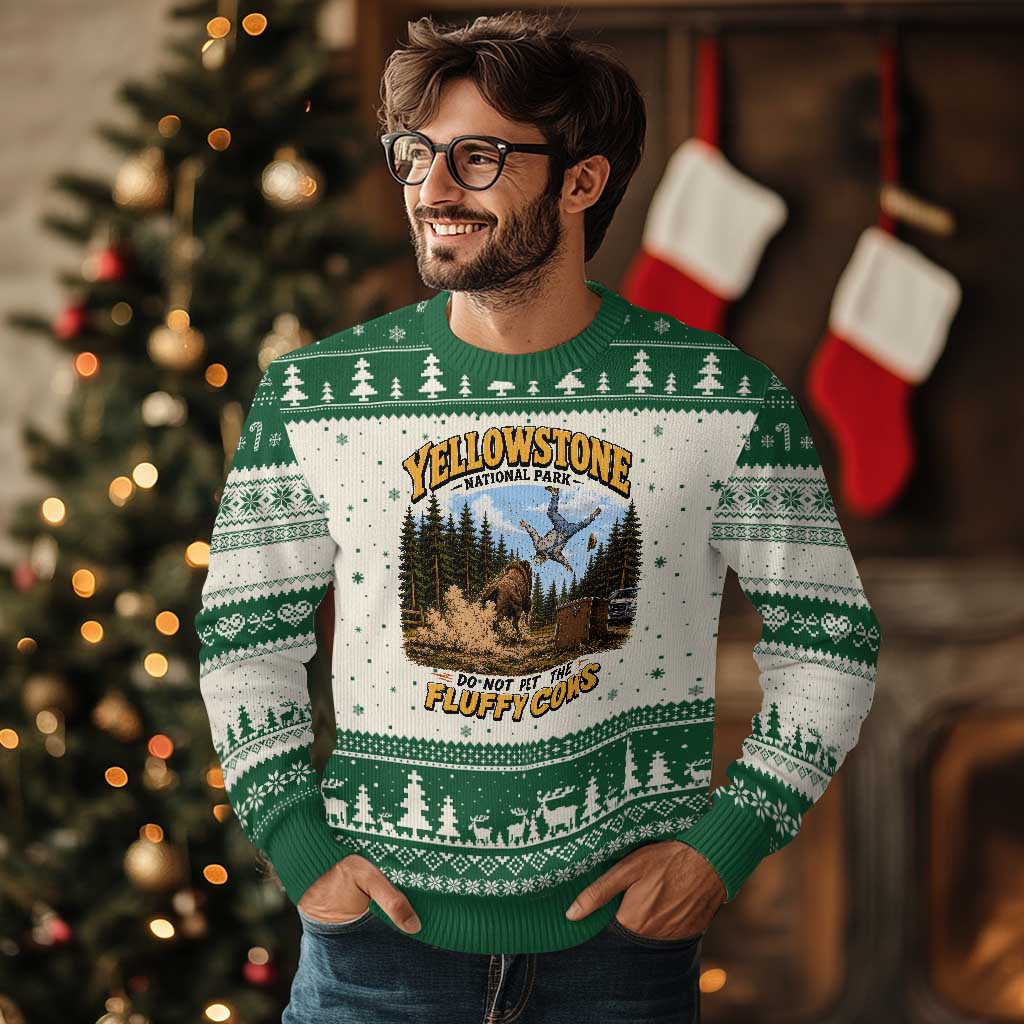 Yellowstone National Park Do Not Pet The Fluffy Cows Bison Ugly Christmas Sweater