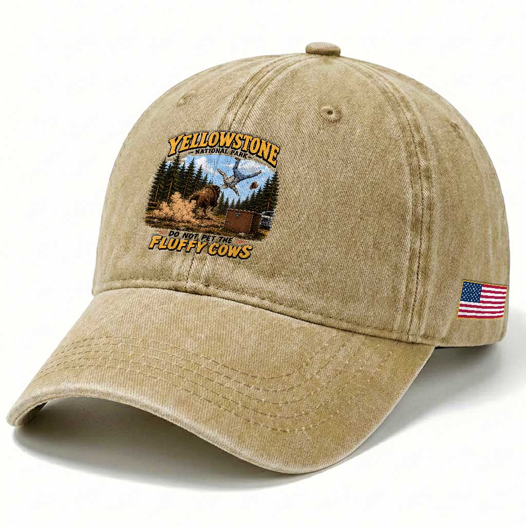 Yellowstone National Park Do Not Pet The Fluffy Cows Bison Washed Cotton Baseball Cap
