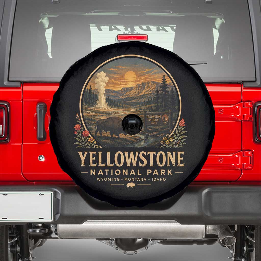 Vintage Yellowstone National Park Vintage Bison Geyser Spare Tire Cover Wyoming Montana Idaho Hiking Camping
