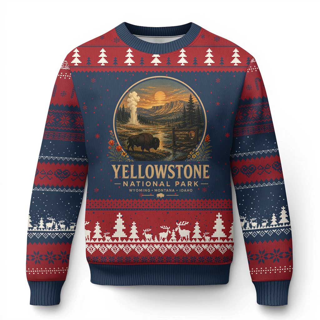 Vintage Yellowstone National Park Vintage Bison Geyser Ugly Christmas Sweater Wyoming Montana Idaho Hiking Camping