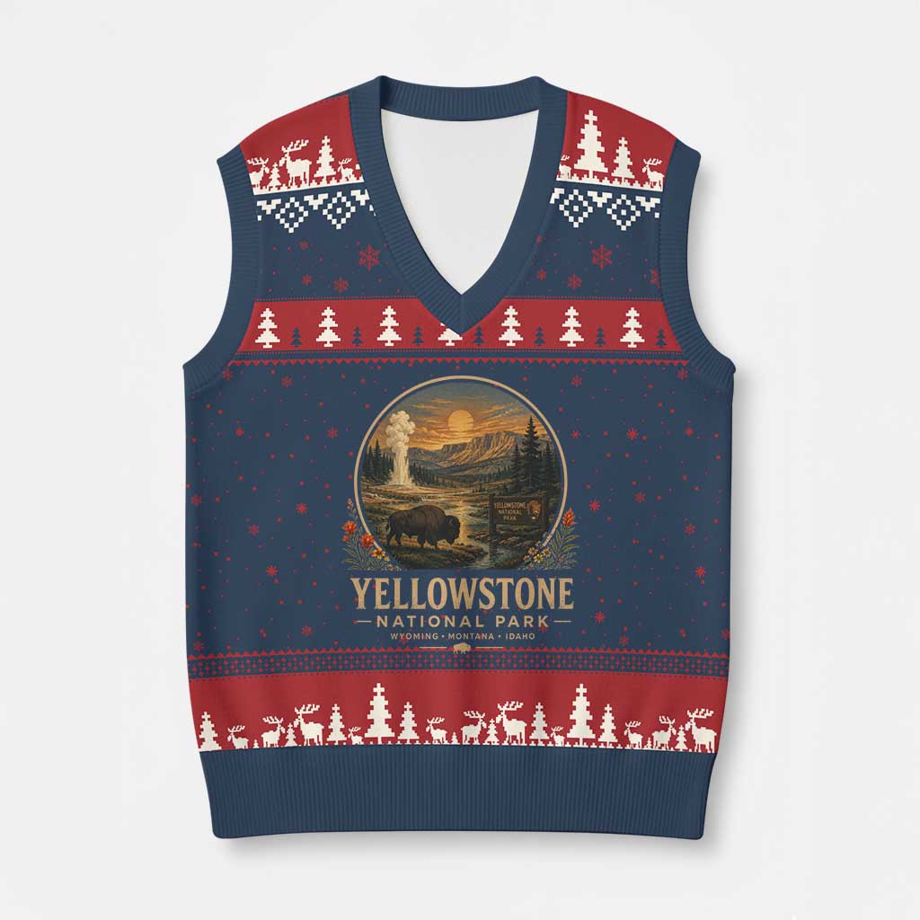 Vintage Yellowstone National Park Vintage Bison Geyser V-Neck Knit Sweater Vest Wyoming Montana Idaho Hiking Camping