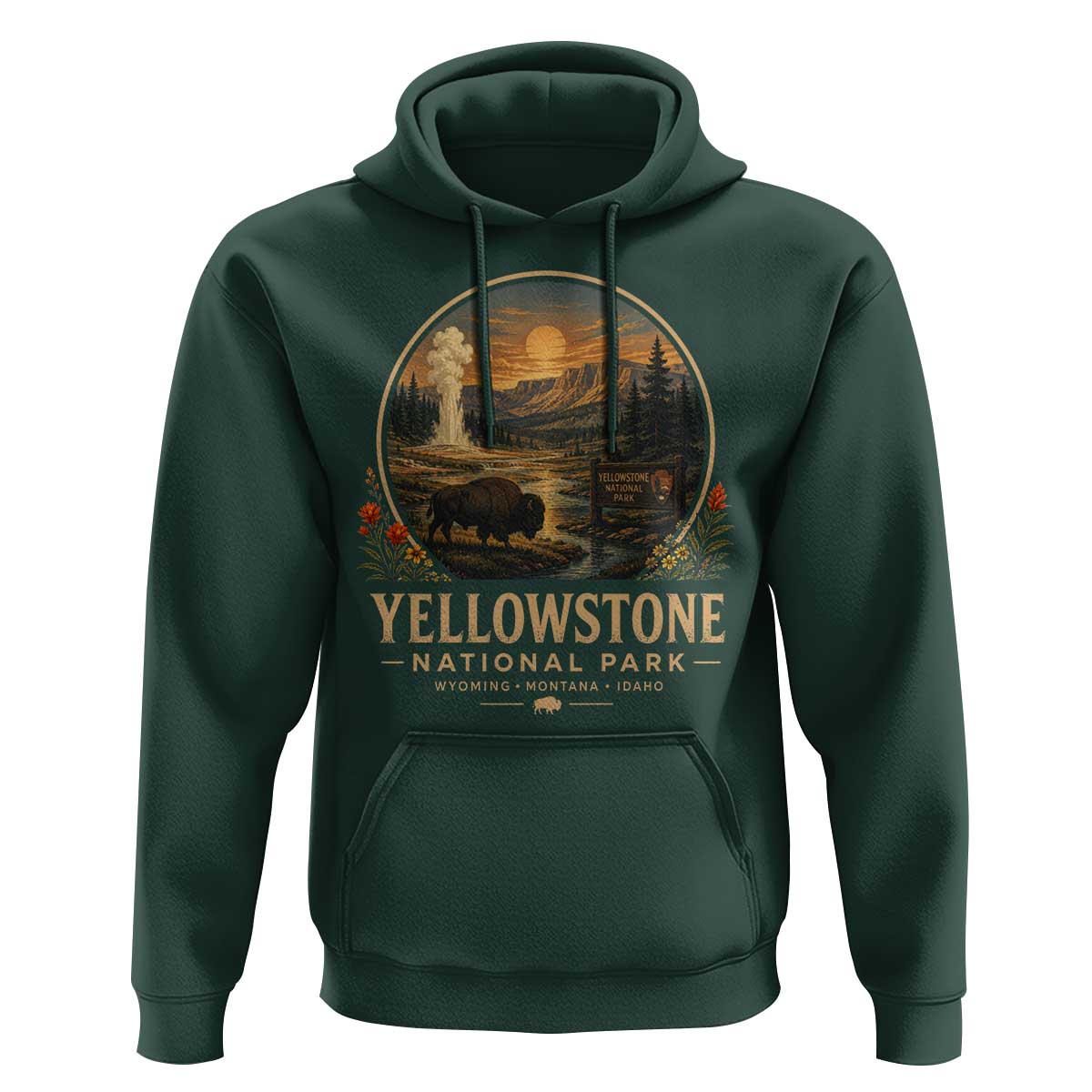 Vintage Yellowstone National Park Vintage Bison Geyser Hoodie Wyoming Montana Idaho Hiking Camping