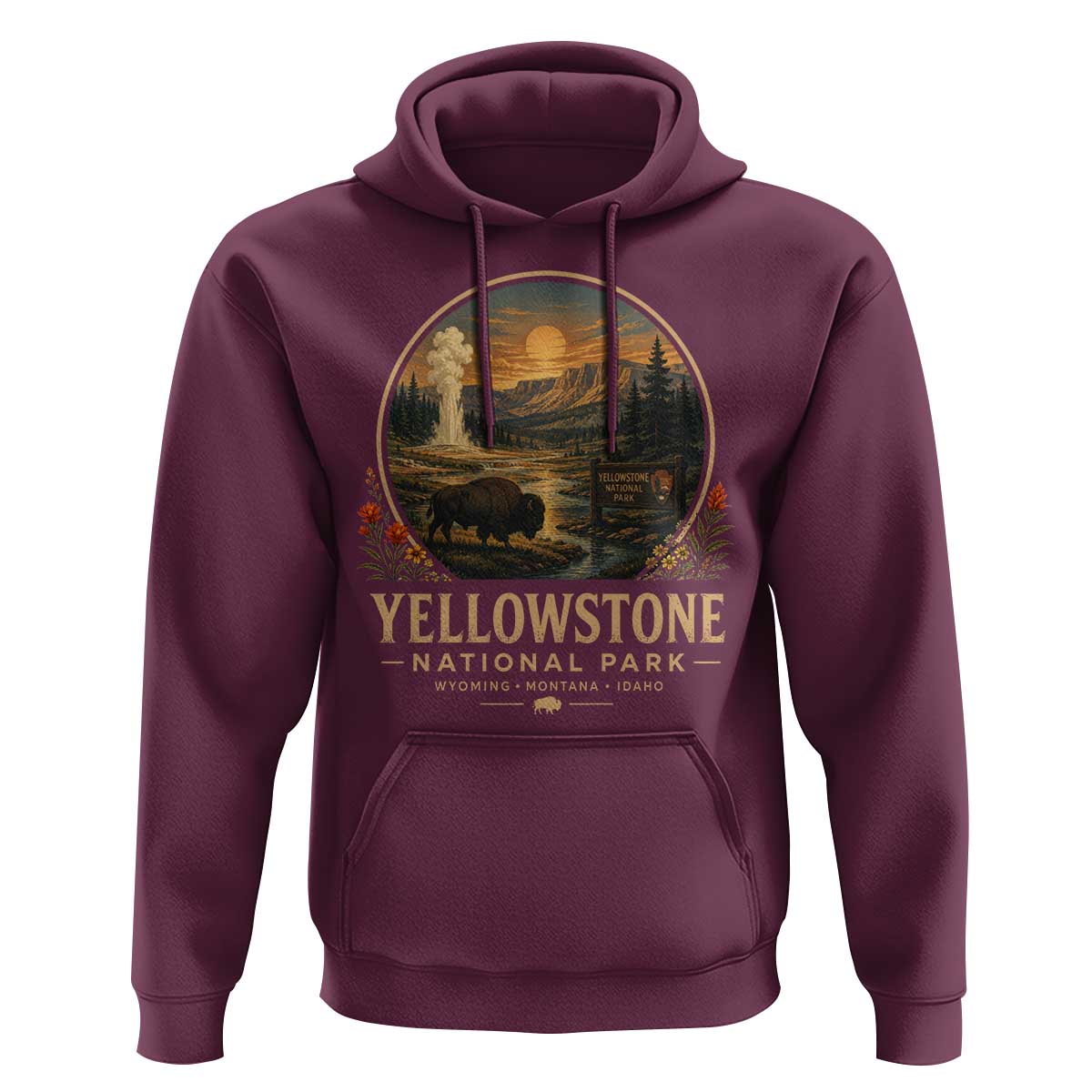 Vintage Yellowstone National Park Vintage Bison Geyser Hoodie Wyoming Montana Idaho Hiking Camping