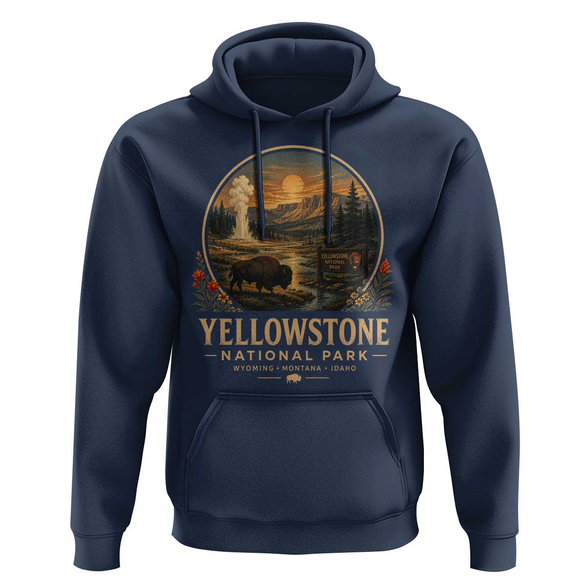Vintage Yellowstone National Park Vintage Bison Geyser Hoodie Wyoming Montana Idaho Hiking Camping