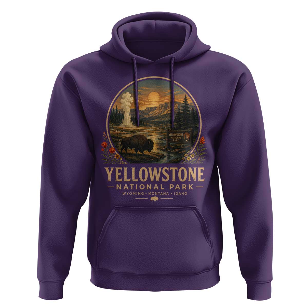 Vintage Yellowstone National Park Vintage Bison Geyser Hoodie Wyoming Montana Idaho Hiking Camping