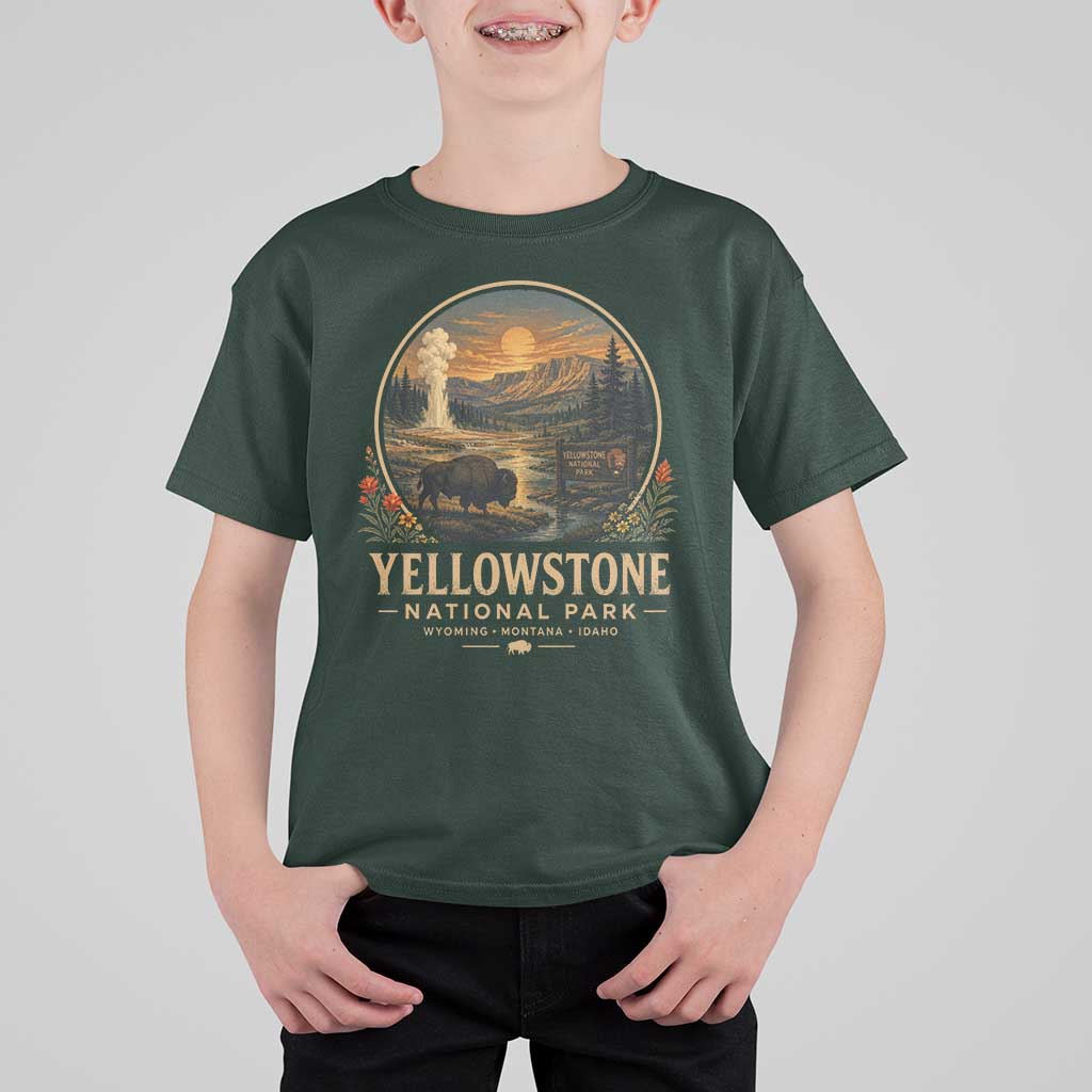 Vintage Yellowstone National Park Vintage Bison Geyser T Shirt For Kid Wyoming Montana Idaho Hiking Camping