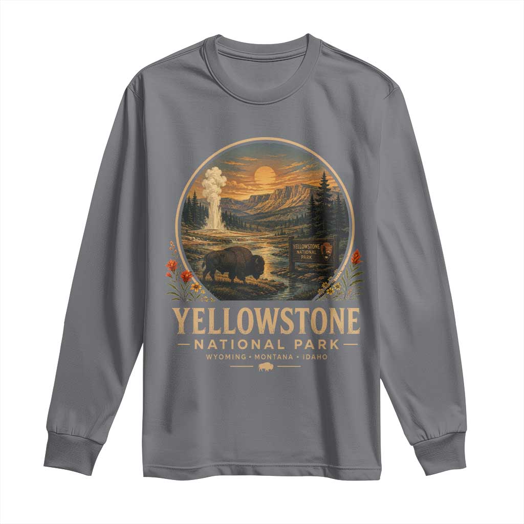 Vintage Yellowstone National Park Vintage Bison Geyser Long Sleeve Shirt Wyoming Montana Idaho Hiking Camping