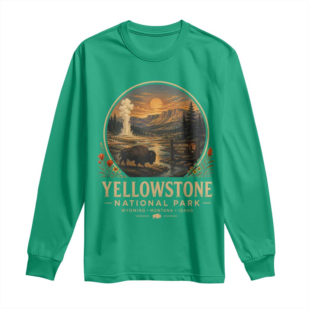 Vintage Yellowstone National Park Vintage Bison Geyser Long Sleeve Shirt Wyoming Montana Idaho Hiking Camping