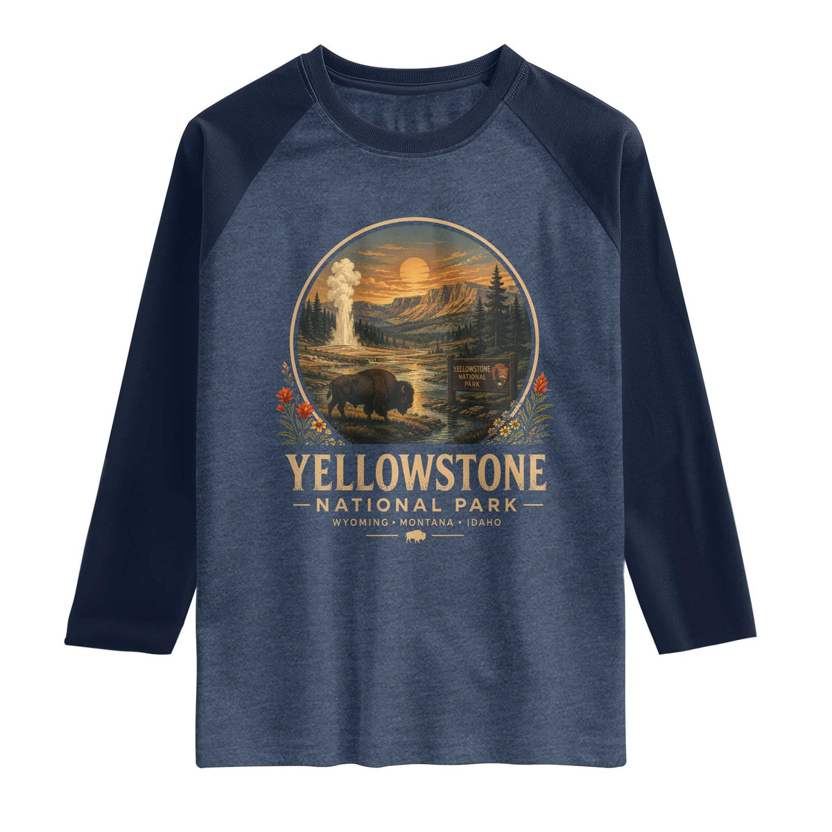 Vintage Yellowstone National Park Vintage Bison Geyser Raglan Shirt Wyoming Montana Idaho Hiking Camping