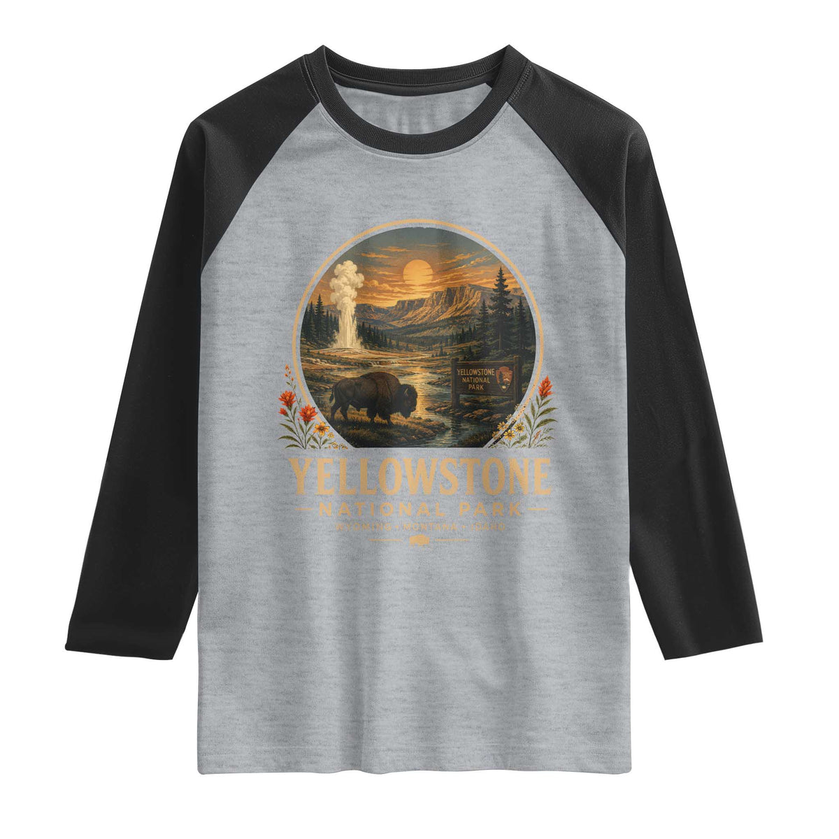 Vintage Yellowstone National Park Vintage Bison Geyser Raglan Shirt Wyoming Montana Idaho Hiking Camping