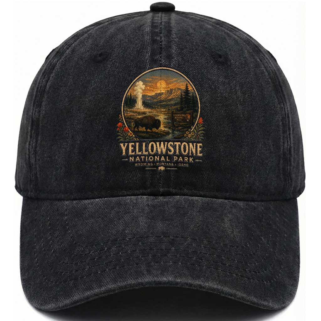 Vintage Yellowstone National Park Vintage Bison Geyser Washed Cotton Baseball Cap Wyoming Montana Idaho Hiking Camping