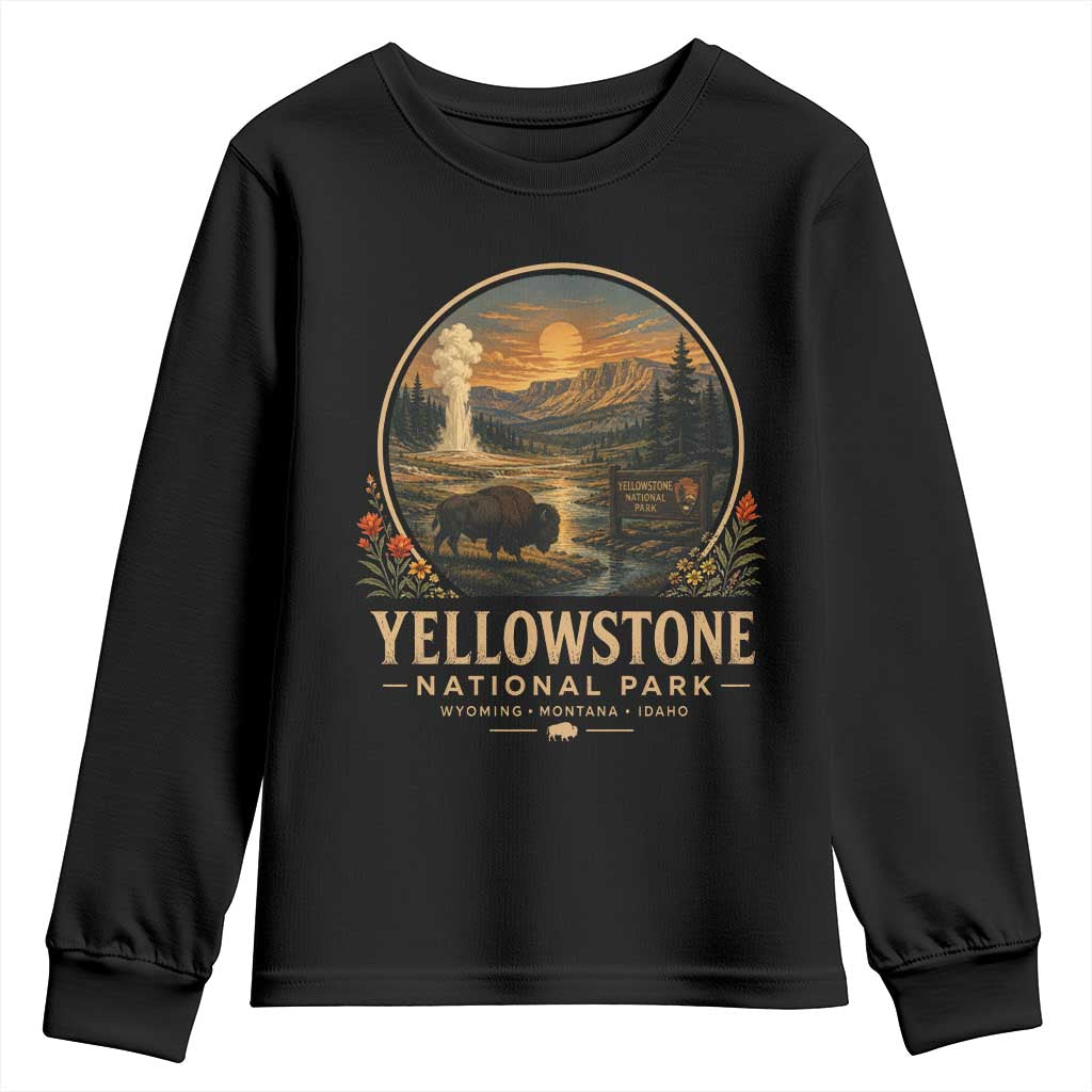 Vintage Yellowstone National Park Vintage Bison Geyser Youth Sweatshirt Wyoming Montana Idaho Hiking Camping
