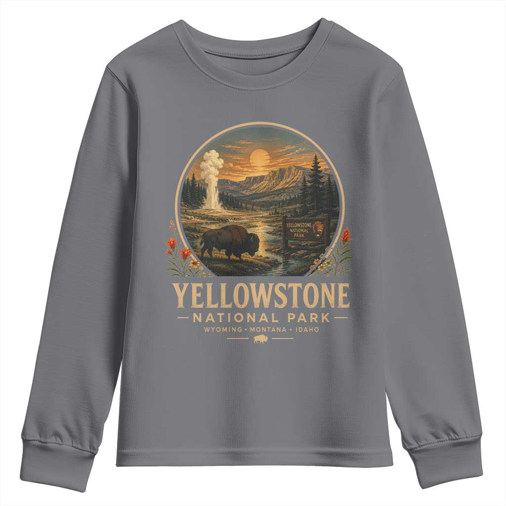 Vintage Yellowstone National Park Vintage Bison Geyser Youth Sweatshirt Wyoming Montana Idaho Hiking Camping