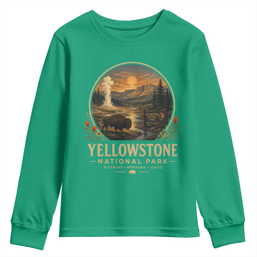 Vintage Yellowstone National Park Vintage Bison Geyser Youth Sweatshirt Wyoming Montana Idaho Hiking Camping
