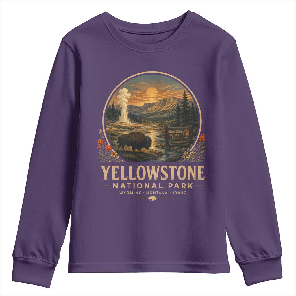 Vintage Yellowstone National Park Vintage Bison Geyser Youth Sweatshirt Wyoming Montana Idaho Hiking Camping